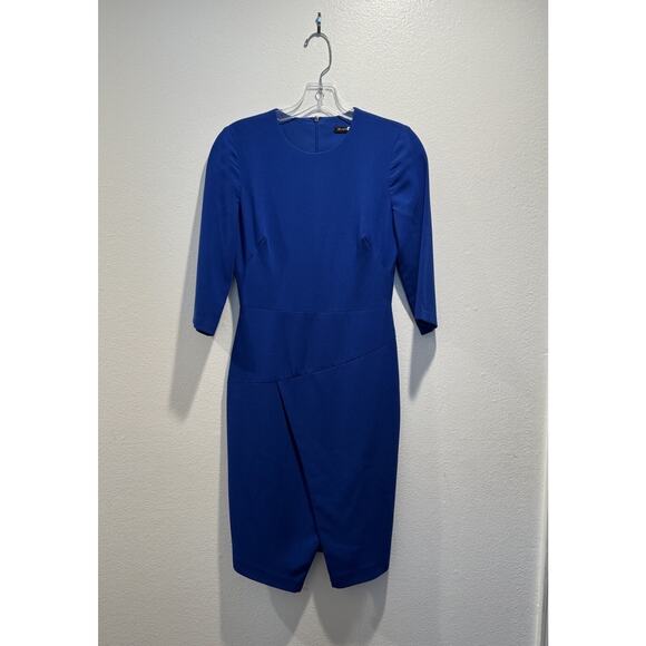 Black Halo Size 2 Kofi Blue Dress Split Hem 3/4 Sleeve Work Lined Sheath Classic - Picture 1 of 6